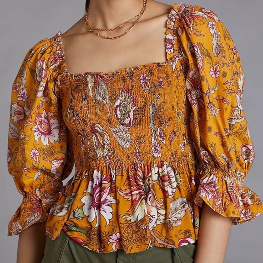 Anthropologie Floral Smocked Yellow Ruffle Top with Puff Sleeves